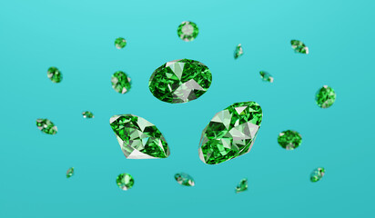 Poster - Emerald gem crystal diamond group falling background soft focus bokeh 3d rendering	
