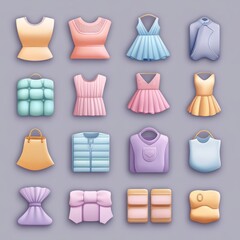 Sticker - Set of 16 colorful cartoon icons of various clothing items and accessories in a flat design.