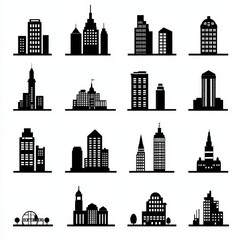 Canvas Print - Set of 16 black silhouette icons of various buildings, skyscrapers and structures isolated on white background.