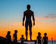 © Chawakorn - Silhouette of a muscular man on a platform at sunset with kids watching.