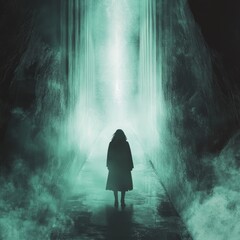 Poster - Silhouette of a woman walking through a mystical, green-lit pathway.