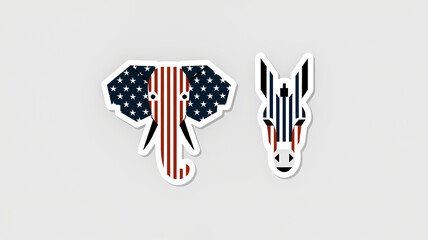 Set of 2 stickers of elephant and donkey faces isolated on light gray background perfect for representing american political themes in a sleek, modern style