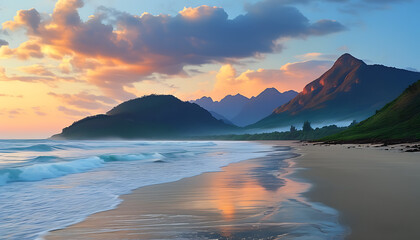 Poster - Seashore scenery with beach and mountains in harmony