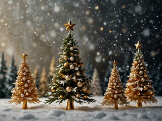 Poster - Magical Christmas trees with golden accents and star ornaments under falling snow.