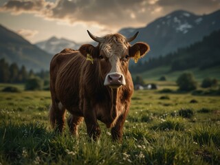 Wall Mural - Majestic cow portrait in a serene landscape.