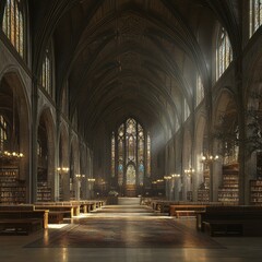 Wall Mural - Sunlight streams through stained glass windows in a grand, vaulted library.