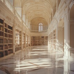 Poster - Sunlight streams through the arched windows of a grand library, illuminating the rows of bookshelves and marble floor.