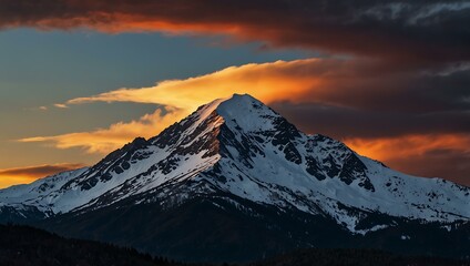 Canvas Print - Majestic sunset silhouette on a snow-capped mountain peak with colorful clouds.