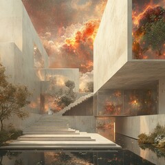 Wall Mural - Surreal modern architecture with a reflecting pool, stairs, trees, and a fiery sky.