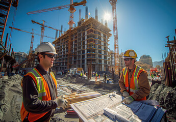 Construction workers discussing plans at an active building site with cranes under the midday sun