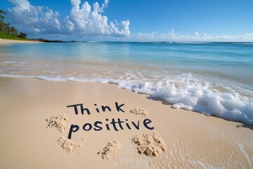 Wall Mural - The words 'Think positive' written on a sandy beach with blue sky and ocean in the background.