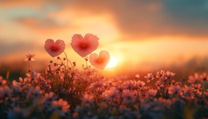 Poster - Three heart-shaped flowers in a field of pink blossoms at sunset.