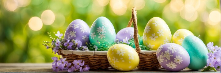 A banner for the Easter holiday. Pastel-colored eggs, spring flowers, elegant baskets made in a fresh color palette of pale lavender, mint green and pale yellow.