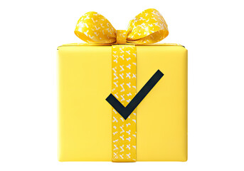 yellow gift with confetti and 3d check mark. Transparent background, Isolated PNG.