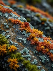 Canvas Print - Micro detail of colorful lichen on a stone in a moist forest.