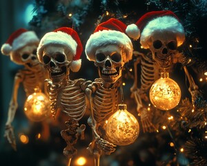 Poster - Three skeletons wearing Santa hats decorate a Christmas tree with ornaments.