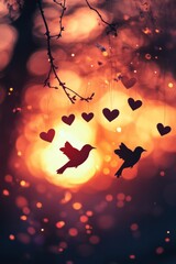 Wall Mural - Two birds in silhouette flying in front of a sunset with heart-shaped ornaments hanging from a tree branch.