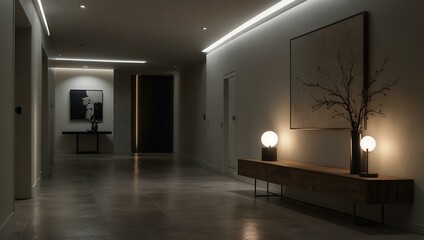 Wall Mural - Minimalist hallway with subtle lighting and a single artwork.