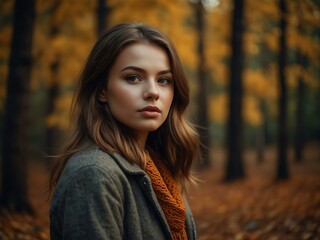 Sticker - Model girl in an autumn forest, selective focus.