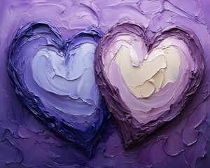 Two purple and blue hearts painted with thick strokes of oil paint.