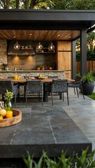 Poster - Modern backyard patio with an outdoor kitchen and dining area.