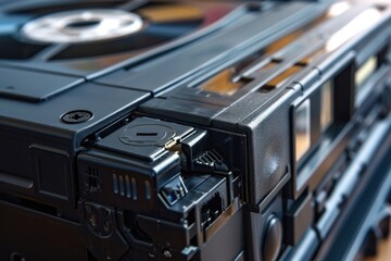 A close-up view of a vintage cassette player with buttons and controls visible