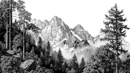 A simple drawing of a mountain range in black and white