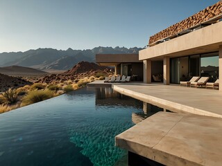 Poster - Modern desert oasis with infinity pool and mountain views.