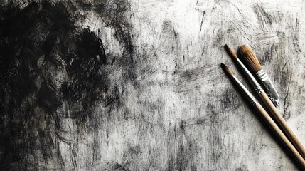 Three paintbrushes laid on a textured white and black surface.