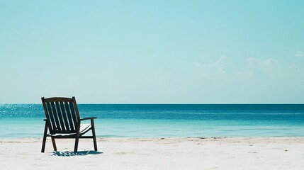 Poster - A single chair sits on a white sandy beach, facing the calm turquoise ocean.