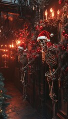 Canvas Print - Two skeletons in Santa hats stand in a dark hallway decorated with Christmas ornaments and candles.