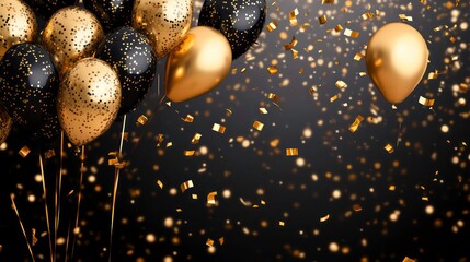 Sticker - A cluster of gold and black balloons with gold confetti falling on a dark background.