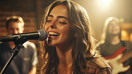 Poster - This woman beams while singing into a microphone, surrounded by her band members and a vibrant crowd.