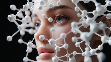 A 3D model of a DMT molecule with a beautiful woman's face in the background. The molecule is white and the woman's face is pink. The model is set against a black background. 