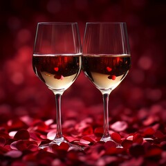 Two wine glasses with rose petals and hearts in the background.