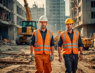  Two Workers wearing reflective safety vests and hard hats work at a construction site	