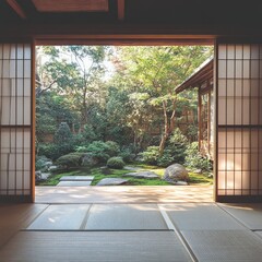 Canvas Print - View of a traditional Japanese garden through sliding doors.