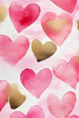 Canvas Print - Watercolor hearts in pink and gold on white background.