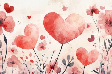 Canvas Print - Watercolor painting of pink hearts and flowers on a beige background.