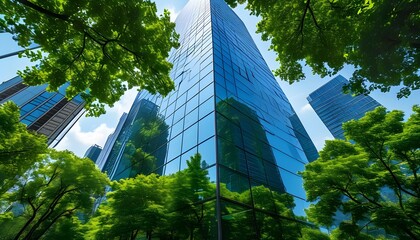 Wall Mural - Sleek skyscraper facade mirroring lush greenery, embodying principles of Environmental, Social, and Governance (ESG) with a focus on sustainable urban development