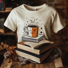 Wall Mural - White t-shirt with a design of a steaming cup of coffee on top of a book, surrounded by stars.