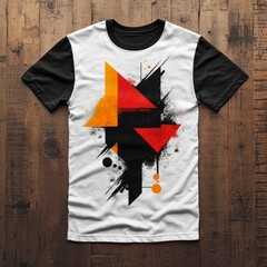 Poster - White t-shirt with black and yellow geometric design.