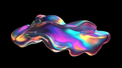 Wall Mural - Abstract iridescent liquid blob with a holographic effect on black background.