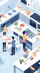 A group of people cooking in the kitchen, a flat design illustration with an isometric perspective and a white background