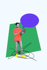 Aufkleber - Vertical creative art collage of happy man type laptop bubble communication text box phrase message isolated on painting background