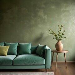 Wall Mural - A modern living room with a green velvet sofa, a wooden side table with a decorative vase, and a textured wall in the background.