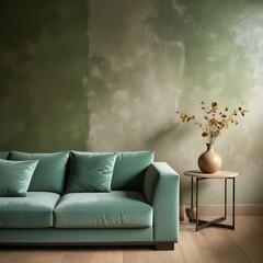 Wall Mural - A modern living room with a green velvet sofa, a wooden side table with a decorative vase, and a textured wall in the background.