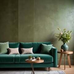 Wall Mural - A modern living room with a green velvet sofa, a wooden side table with a decorative vase, and a textured wall in the background.