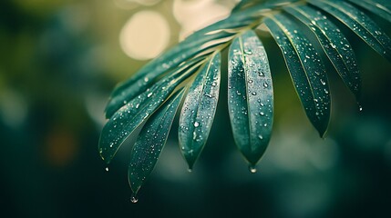 Wall Mural - Close-up of a lush green palm leaf with water droplets hanging from the edge.