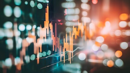 Poster - A close-up shot of a stock market chart with blurred city lights in the background.